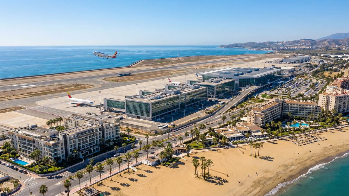 Luftaufnahme des Flughafens Málaga mit modernem Terminal, angrenzender Küstenlinie der Costa del Sol und abhebenden Flugzeugen unter klarem Himmel.
