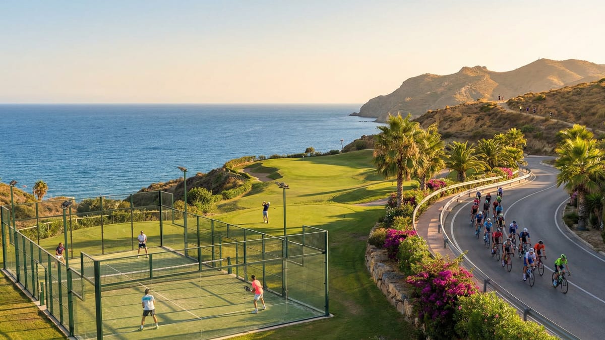 A vibrant Costa del Sol landscape showcasing outdoor sports: a golfer on a sunlit fairway, cyclists on a coastal road, and padel players in action.