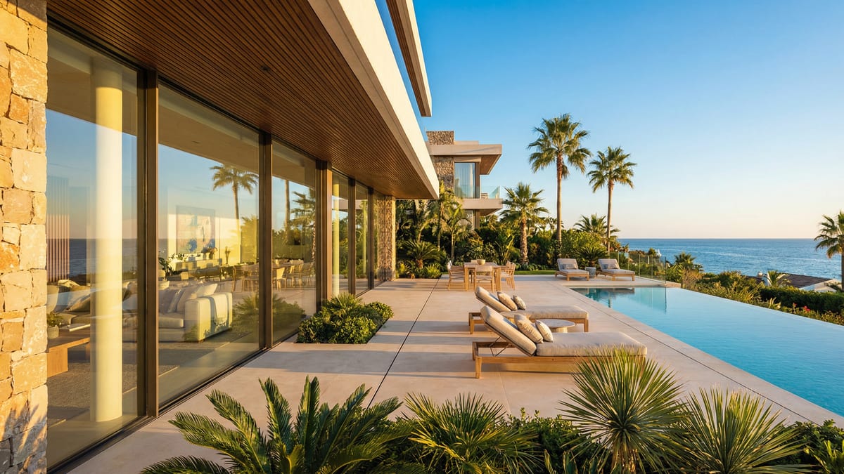 Współczesna willa na Costa del Sol z dużymi oknami, otoczona palmami i zielenią, z widokiem na morze i basen.