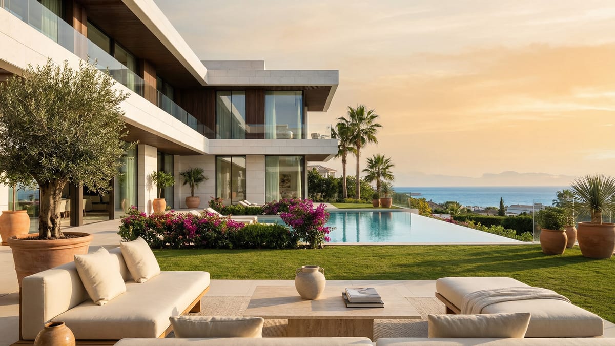 Nowoczesna rezydencja w Marbella na Costa del Sol, z eleganckim wykończeniem i luksusowym otoczeniem, w tle lazurowe morze.