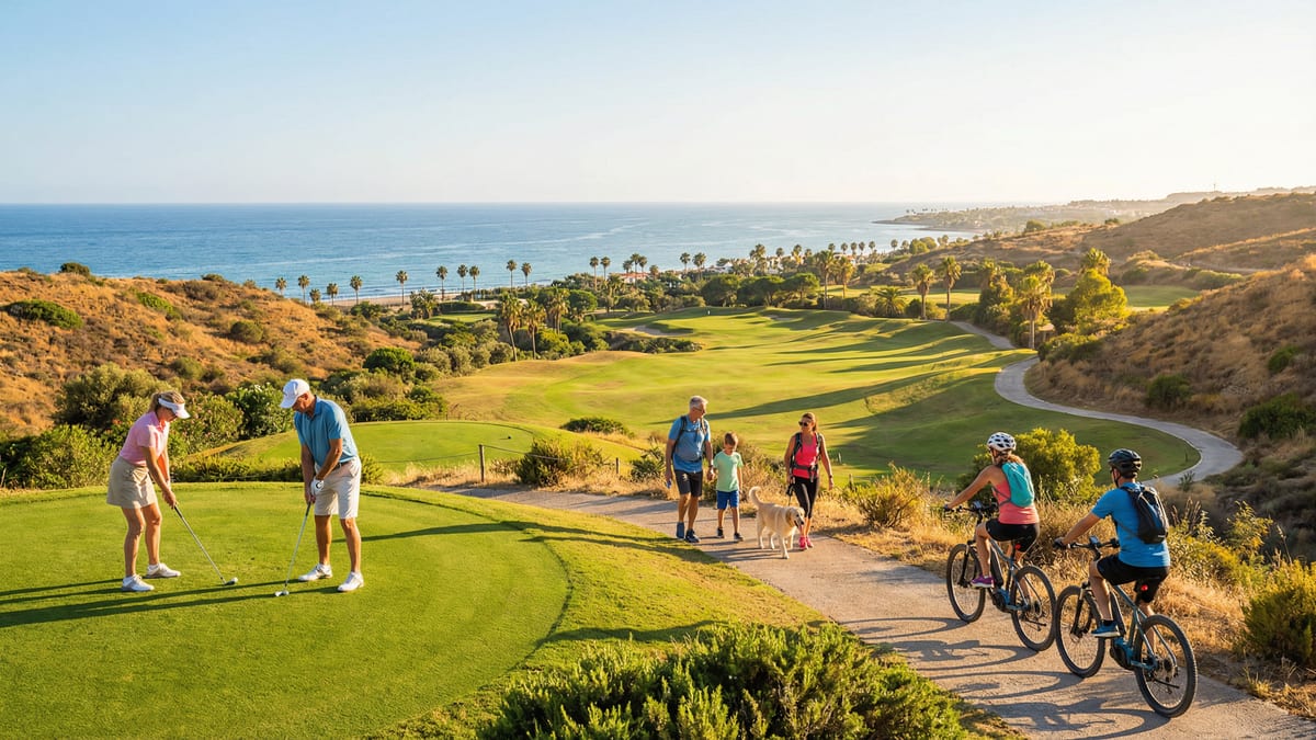 Aktywny styl życia w Costa del Sol: różnorodna grupa ludzi gra w golfa, jeździ na rowerze i wędruje na malowniczym tle gór i Morza Śródziemnego.