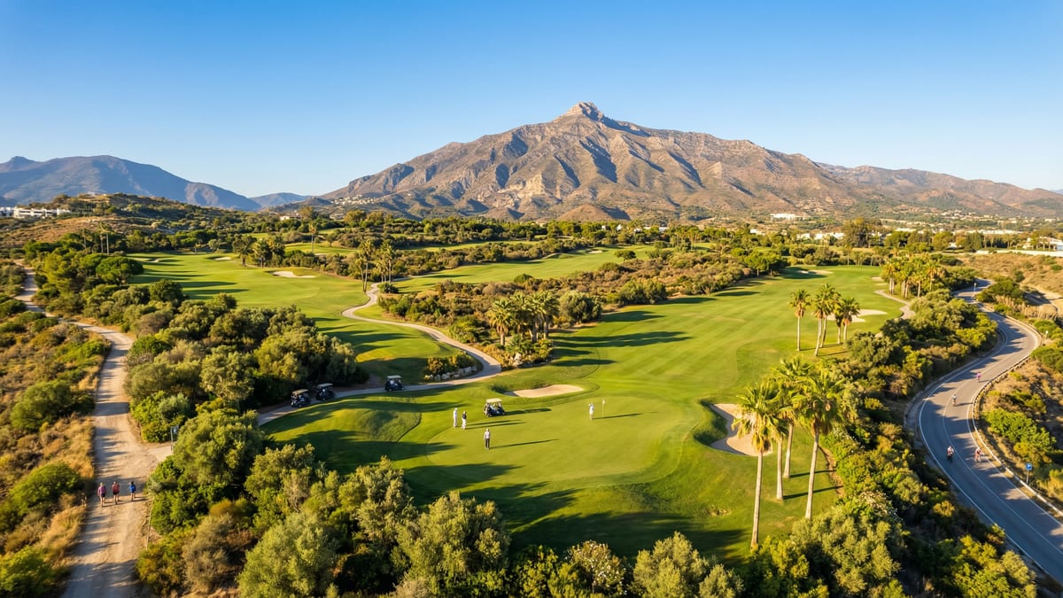 Luftaufnahme eines luxuriösen Golfplatzes an der Costa del Sol mit den Sierra Blanca Bergen im Hintergrund, Golfer und Radfahrer in der Ferne.