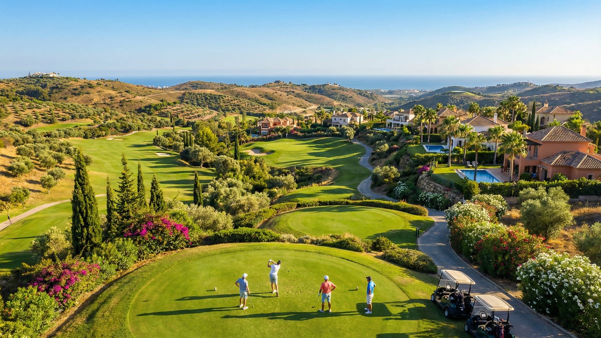 Luftbillede af en luksuriøs golfbane på Costa del Sol, omgivet af grønne bakker og middelhavsvegetation, med golfspillere i forgrunden.