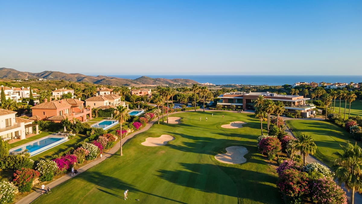 Luftbild av en lyxig golfbana på Costa del Sol med grönskande fairways, palmer och medelhavets glittrande vatten i bakgrunden.