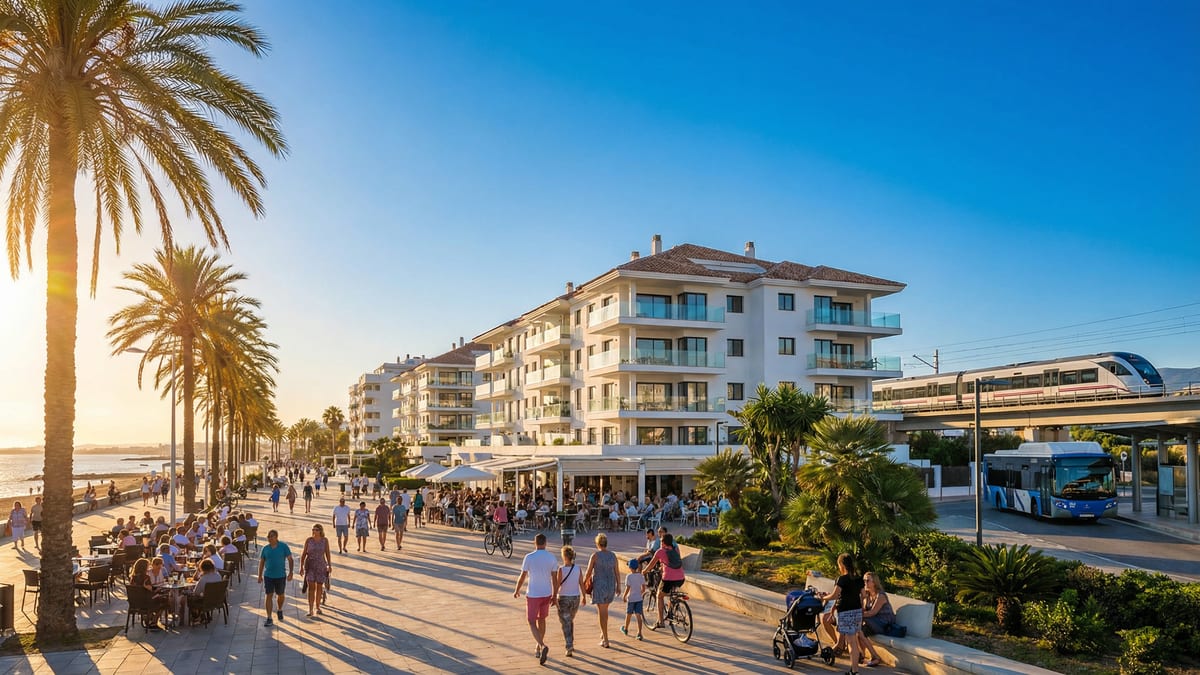 Sonnenverwöhnte Promenade an der Costa del Sol mit Fußgängern, modernen mediterranen Gebäuden und Blick auf öffentliche Verkehrsmittel.