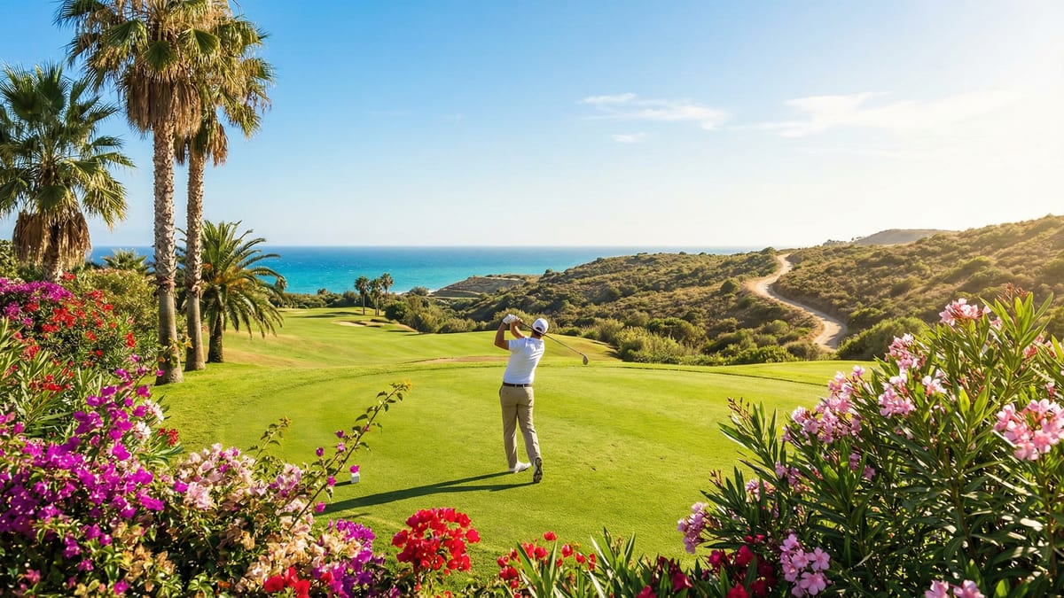 Golfer swingt op een zonovergoten golfbaan in Costa del Sol, omringd door groene fairways, bloemen, palmbomen en de Middellandse Zee.