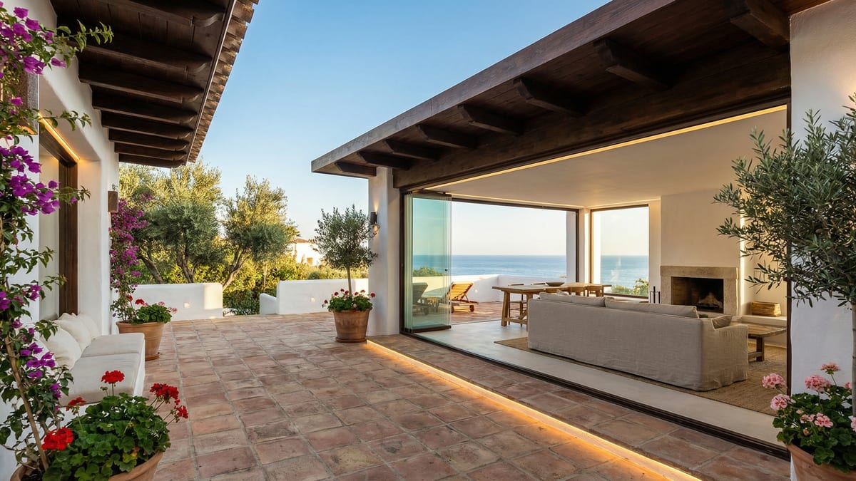 Kaunis rantavilla Costa del Solissa, yhdistäen perinteisen Välimeren arkkitehtuurin ja modernit design-elementit, avara terassi ja lasiseinä.