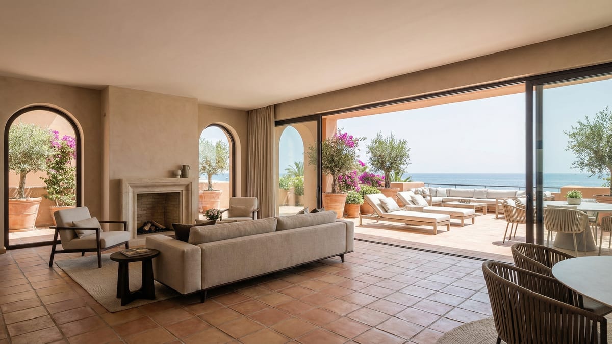 A luxurious beachfront property in Puerto Banús, Costa del Sol, showcasing Mediterranean and contemporary design with a spacious open-plan living area.
