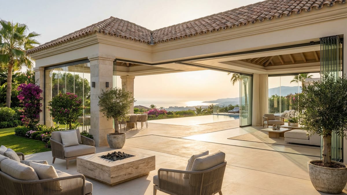 Villa moderne sur la Costa del Sol, mélange d'architecture méditerranéenne et contemporaine, avec vue sur la mer Méditerranée.