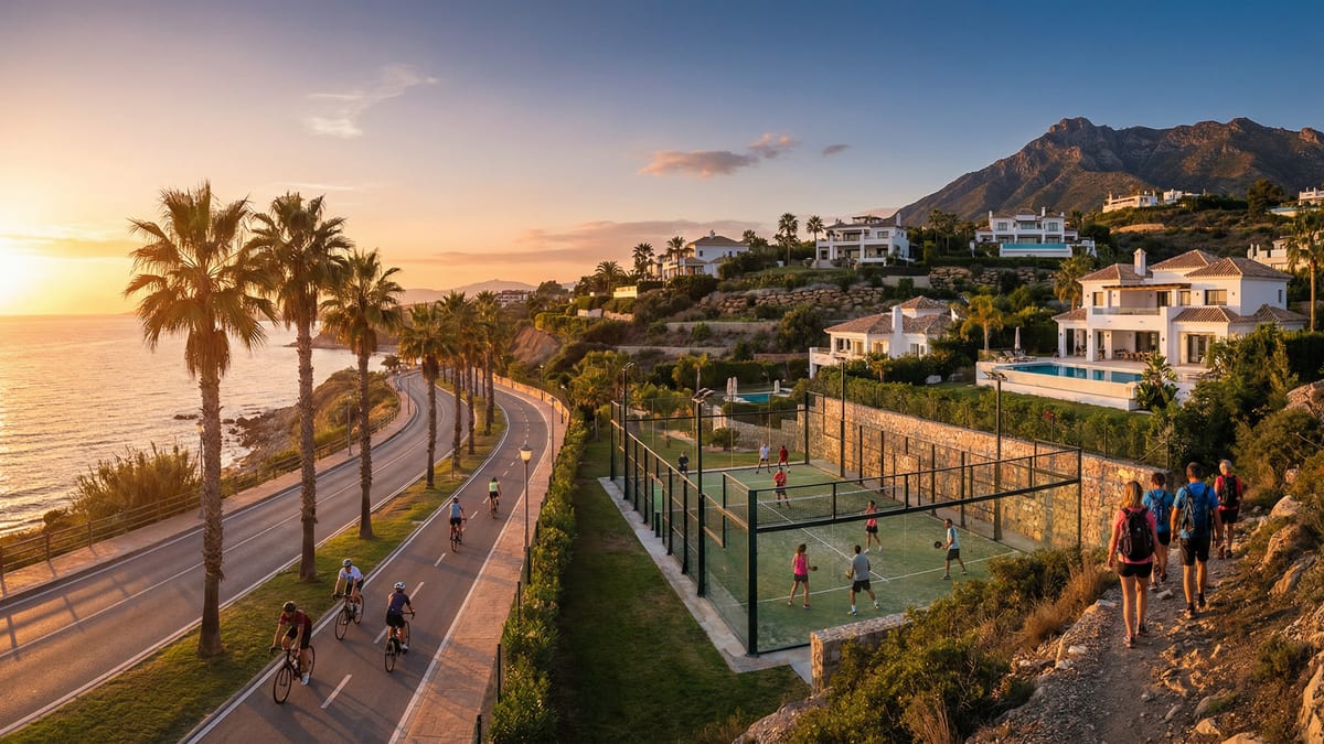 Panoramic view of Costa del Sol coastline at sunset, showcasing active lifestyles with padel, cycling, and hiking amidst luxury villas.