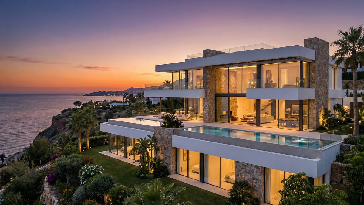 Vue imprenable sur une résidence de luxe sur la Costa del Sol, avec architecture moderne, jardins luxuriants et piscine à débordement au coucher du soleil.