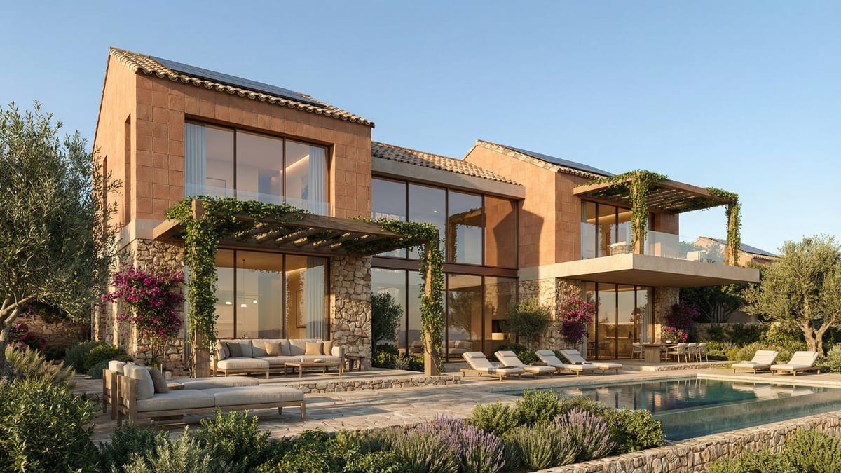 A stunning villa in Costa del Sol, blending Mediterranean architecture with contemporary design, featuring warm clay tones and large glazing.