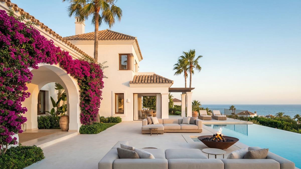 Luxurious villa in Marbella, Costa del Sol, showcasing Mediterranean architecture, vibrant bougainvillea, and a view of the sparkling sea.