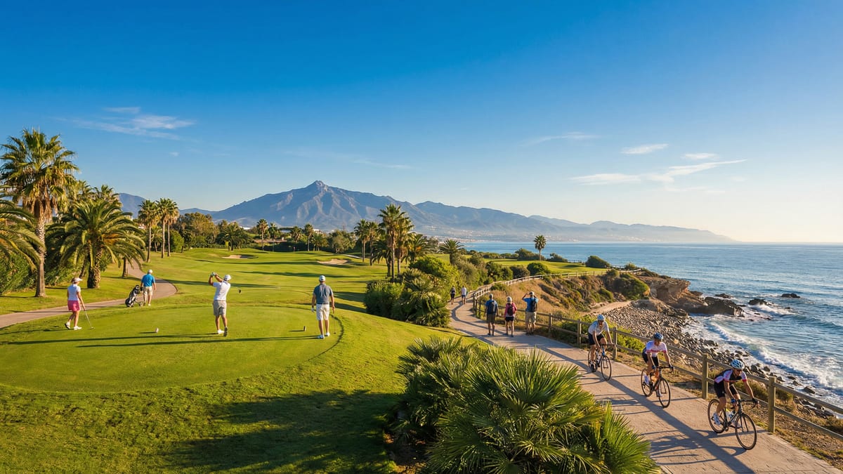 A Costa del Sol gyönyörű golfpályája napsütésben, ahol játékosok élvezik a játékot, háttérben túrázók és kerékpárosok a Földközi-tenger mellett.