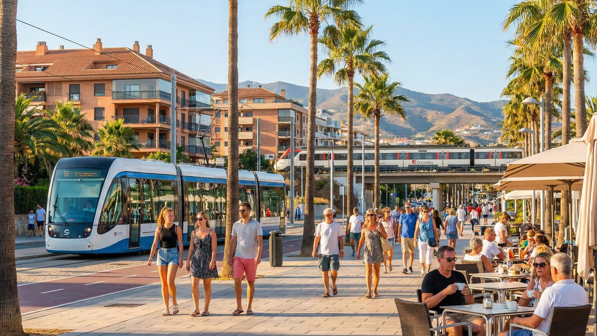 A Costa del Sol nyüzsgő utcáján, modern busz és Cercanías vonat látható, pálmafákkal szegélyezett sétány mellett, ahol emberek élvezik a napfényt.