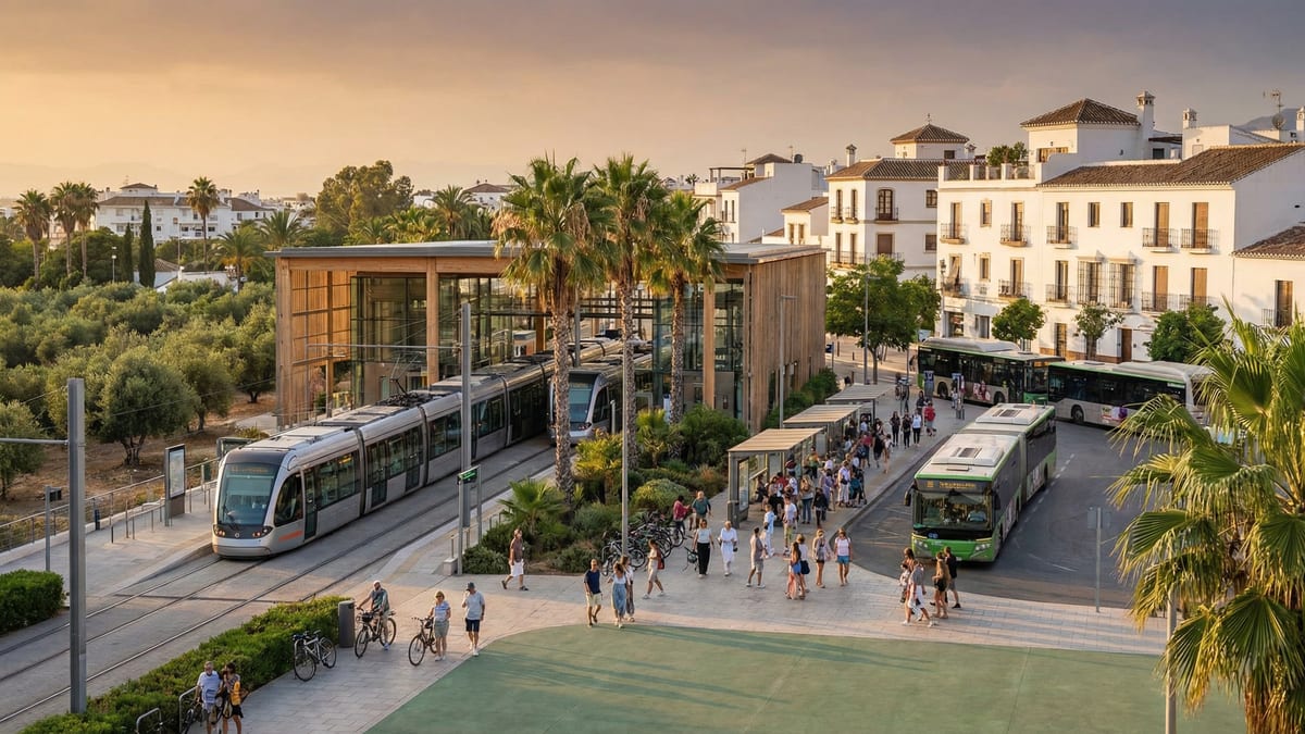 Moderne Costa del Sol togstation med elektriske tog og busstop, omgivet af middelhavsarkitektur og glade fodgængere i sollys.