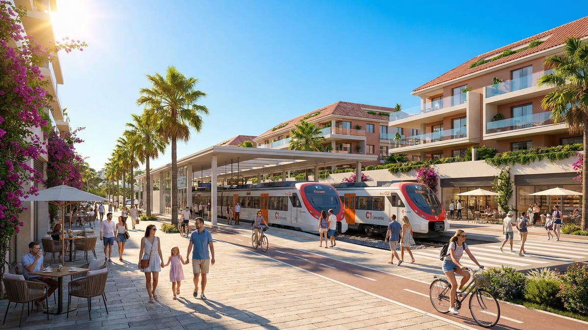 Moderne transportinfrastruktur i Costa del Sol i 2026 med C1 Cercanías tog, sykkelstier og livlige mennesker i en solfylt gate.