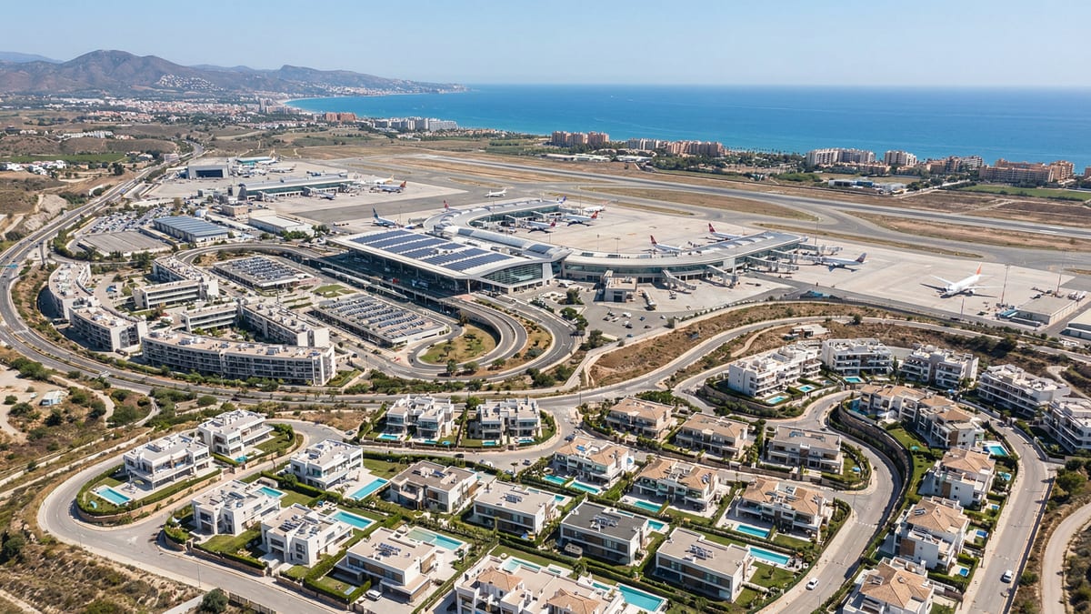 Luftbild av Málaga flygplats med moderna terminaler och Costa del Sols kust i bakgrunden, som visar livlig aktivitet och närliggande lyxiga bostäder.