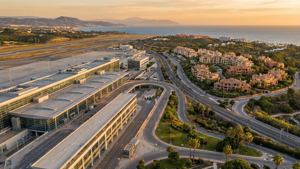 Aerial view of Málaga Lufthavn med moderne terminal og Costa del Sols kystlinje, luksuriøse villaer og infrastruktur i gyldent lys.