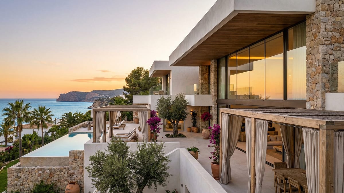 Moderne middelhavs villa på Costa del Sol, med hvite vegger, store vinduer og frodige gårdsplasser i gyldent lys.