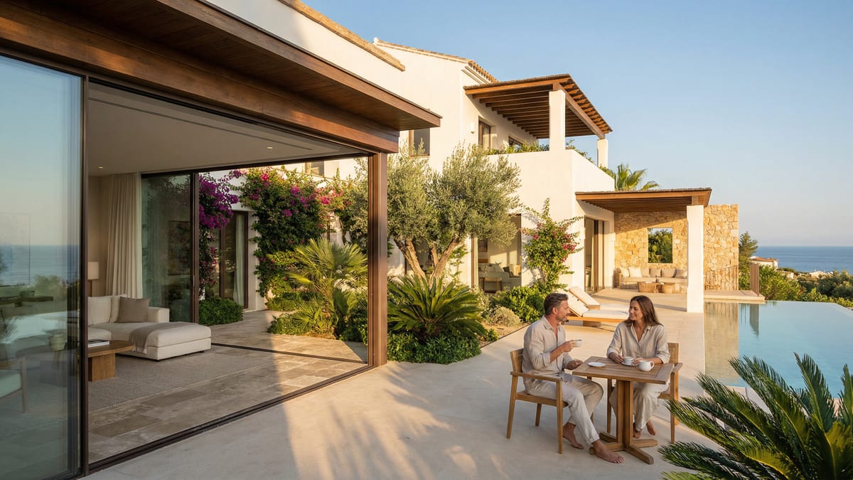 En moderne villa på Costa del Sol, der kombinerer middelhavsstil med nutidig design. Store vinduer, skyggefulde terrasser og frodig beplantning.