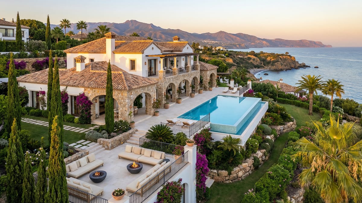 Luksusowa nieruchomość na Costa del Sol, z typową śródziemnomorską architekturą, otoczona pięknymi widokami i zielenią.