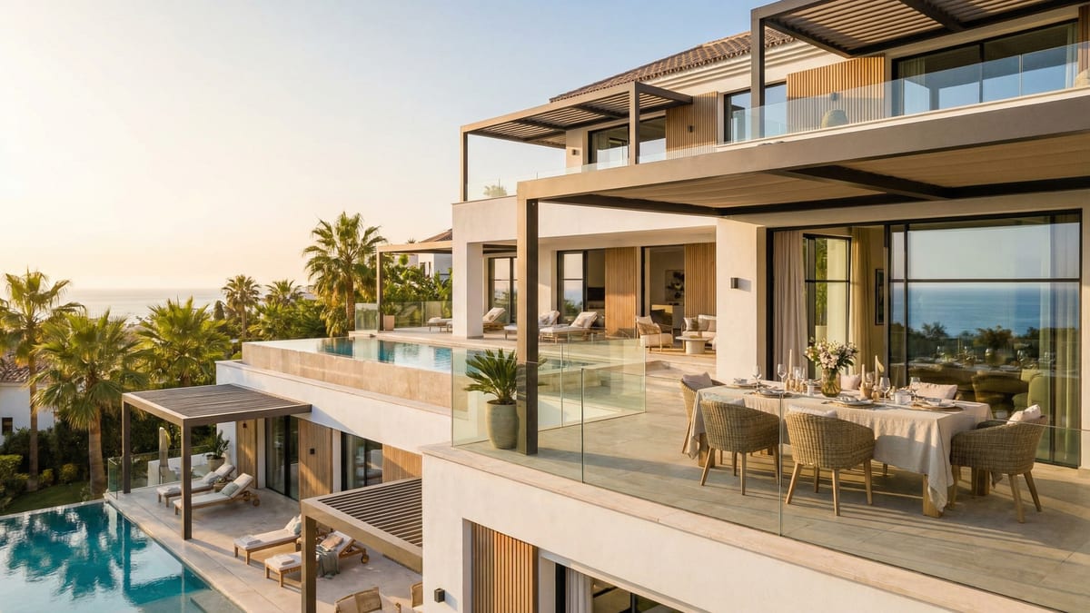 Luxueuze branded residence aan de Costa del Sol met moderne mediterrane architectuur, prachtig uitzicht op de zee en een stijlvolle eetruimte buiten.