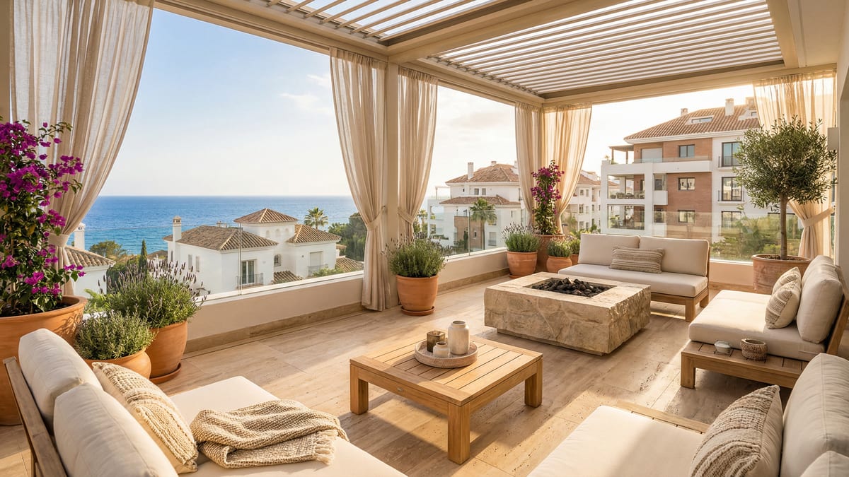 Terrasse luxueuse surplombant la mer Méditerranée à Puerto Banús, Costa del Sol, mettant en valeur un espace de vie extérieur confortable sous un ciel ensoleillé.