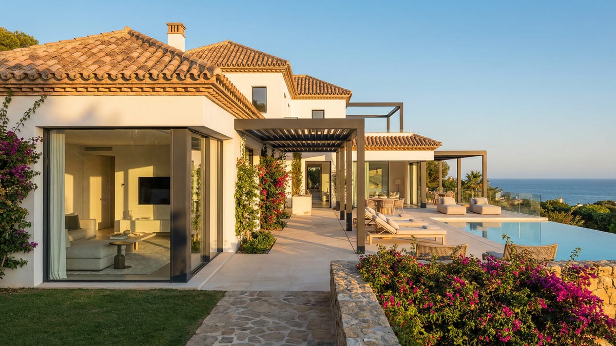 Een prachtige villa aan de kust van Costa del Sol, met een combinatie van mediterrane architectuur en moderne ontwerpen, omgeven door weelderige tuinen.