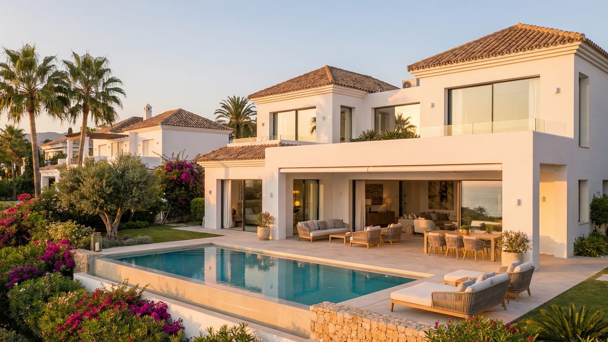 Moderne middelhavsvilla på Costa del Sol med hvite stucco vegger, terrasse, infinitybasseng og palmer i solfylt ettermiddag.