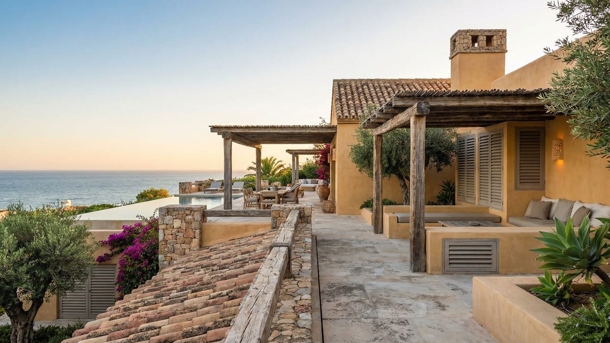 Elegant kystvilla i Costa del Sol med fokus på udendørs opholdsområder og arkitektoniske detaljer, beliggende ved Middelhavet.