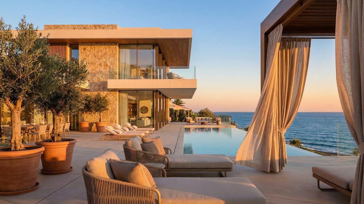 Breathtaking beachfront property på Costa del Sol med store glasvinduer, moderne design og en rummelig terrasse, der har udsigt til havet.