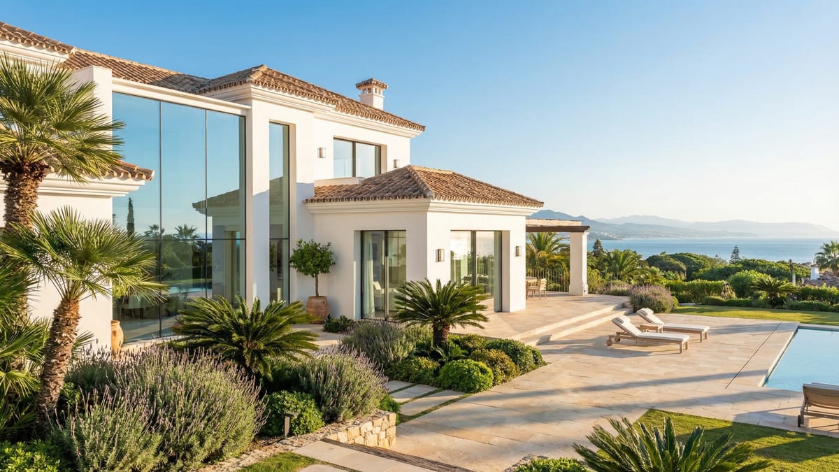 Moderne villa i middelhavsstil på Costa del Sol med hvite stucco vegger, terracotta tak og store vinduer som reflekterer den blå himmelen.