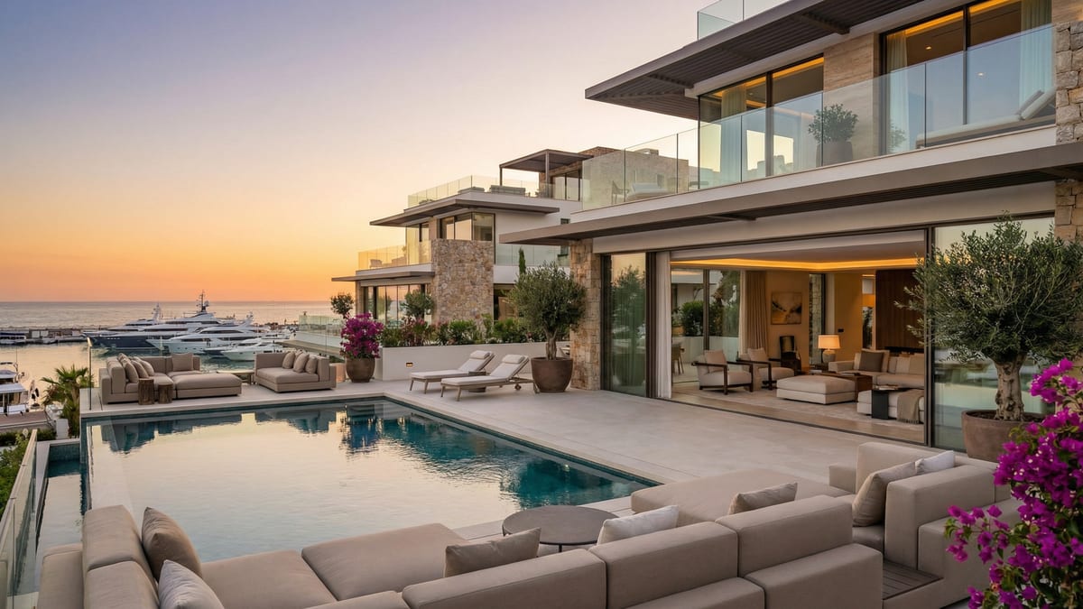 Luksuriøs terrasse med udsigt over Middelhavet i Puerto Banús, Costa del Sol, med moderne branded residences, infinity pool og yacht i baggrunden.