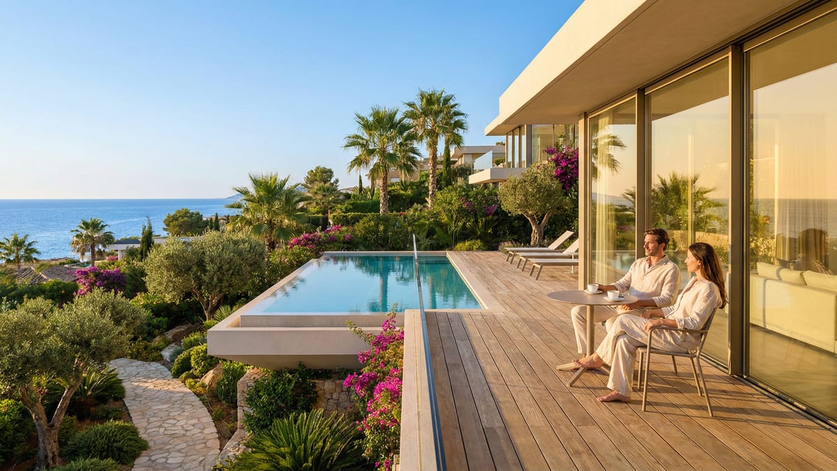 Modern villa a Costa del Solon, Málagától nem messze, napfényben úszó építészeti részletekkel és tengerre néző terasszal.