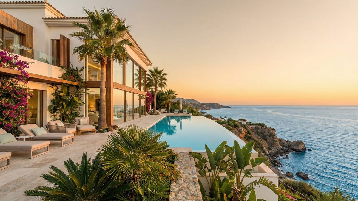 Modern mediterrán villa Costa del Sol-on, hatalmas üvegablakokkal és végtelen medencével, gyönyörű tengerparti kilátással.