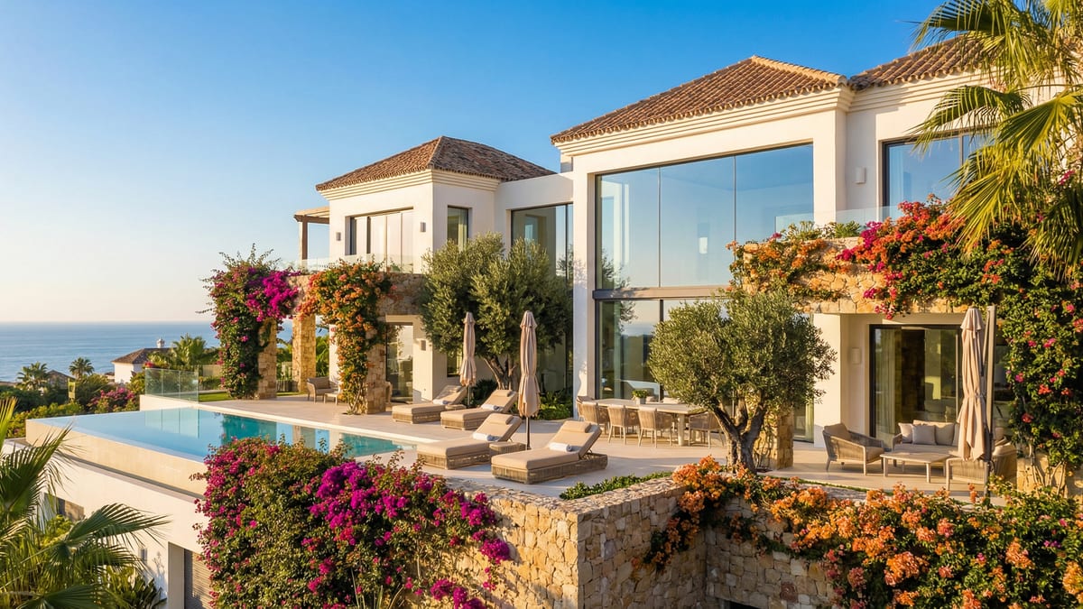 Modern villa a Costa del Solon, mediterrán stílusú architektúrával és elegáns fehér homlokzattal, buja zöld növényzettel körülvéve.