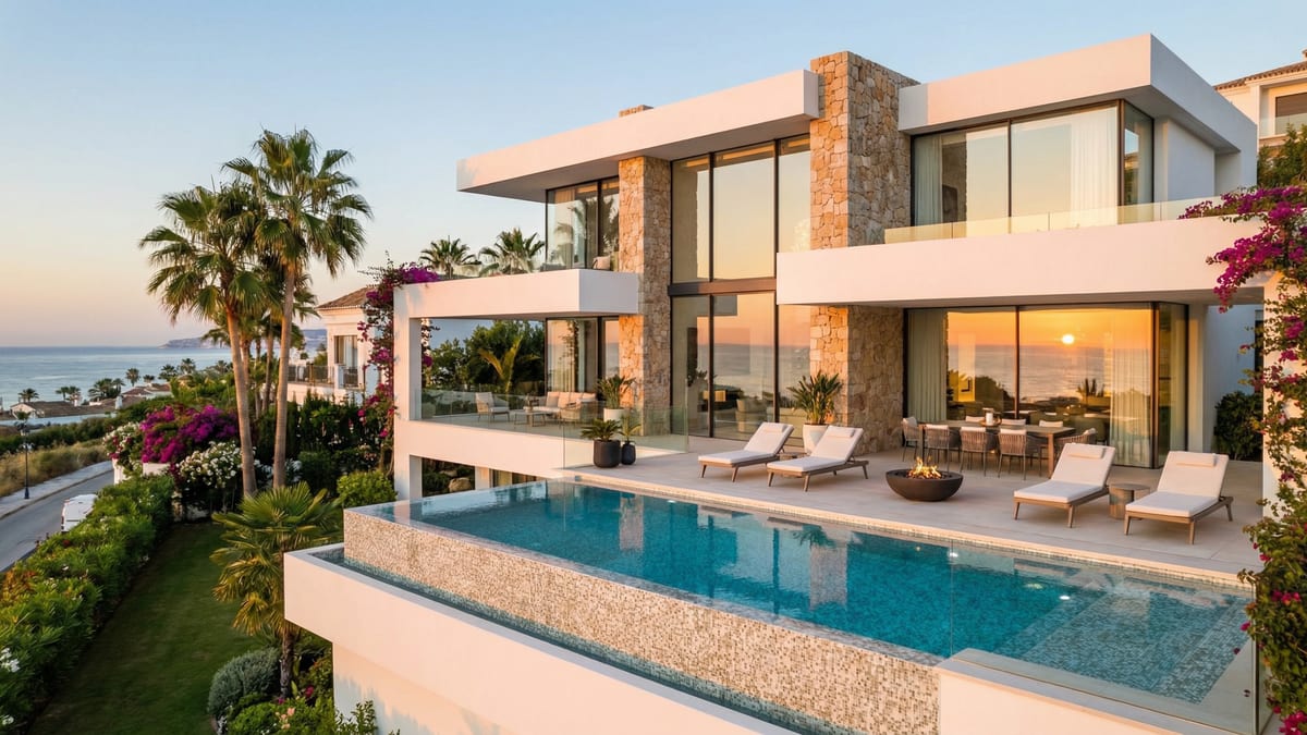 Luxueuze branded residence aan de Costa del Sol, met moderne architectuur, infinity pool en tropische tuin in gouden uurtjes.