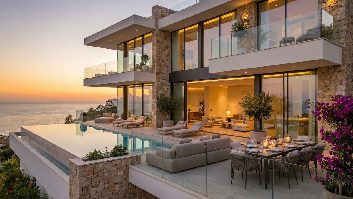 Luksuriøs branded residence på Costa del Sol med moderne arkitektur, glassfasader og utsikt over Middelhavet ved solnedgang.