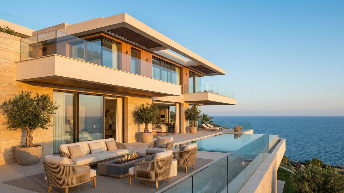 Luxuriöse branded residence an der Costa del Sol mit modernem Design, großen Fenstern und Terrasse, Blick auf das Mittelmeer.