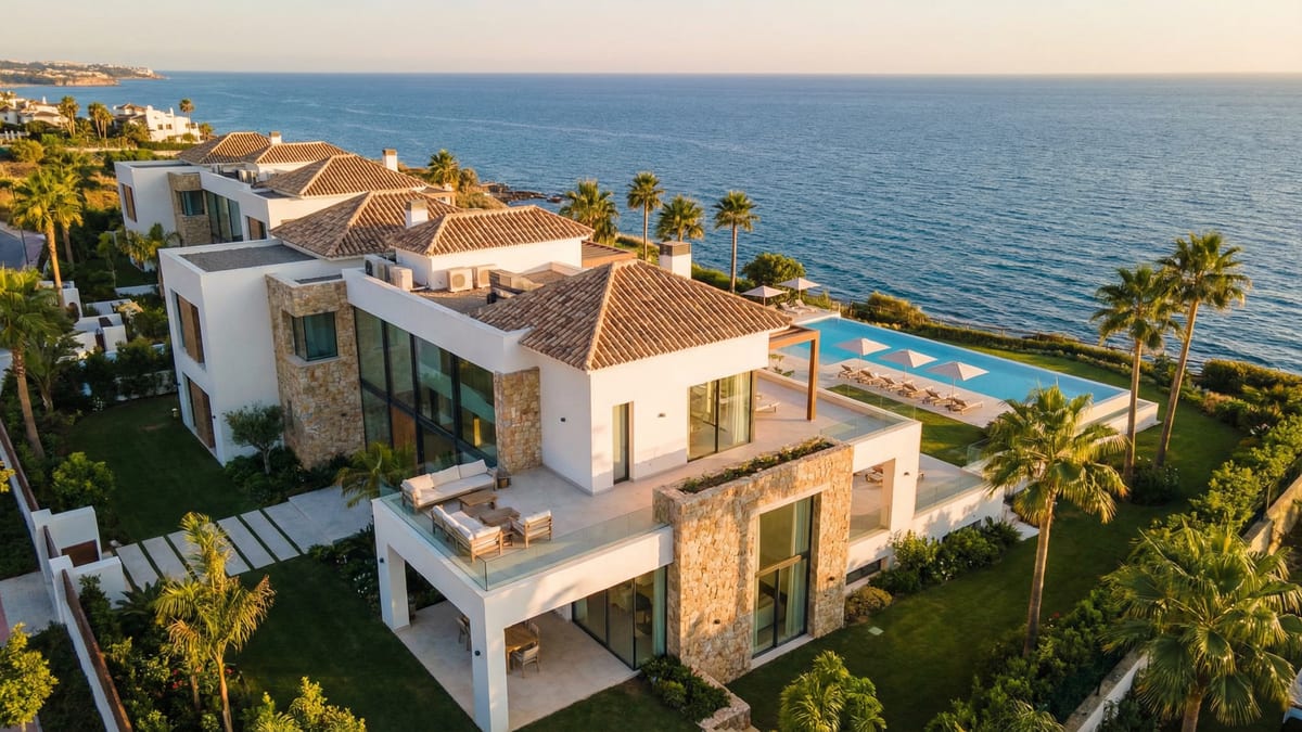 Vue aérienne d'une résidence de luxe sur la Costa del Sol, mettant en valeur l'architecture méditerranéenne moderne, la mer Méditerranée et des jardins soignés.