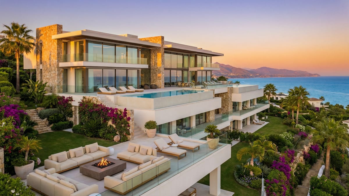 Ylellinen bränditalo Costa del Solissa, moderni arkkitehtuuri ja lasiset parvekkeet, avara merinäköala Välimerelle.
