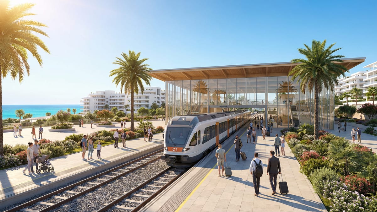 Moderne treinhalte in Costa del Sol met C1 trein, omringd door palmbomen en gezinnen die genieten van het openbaar vervoer.
