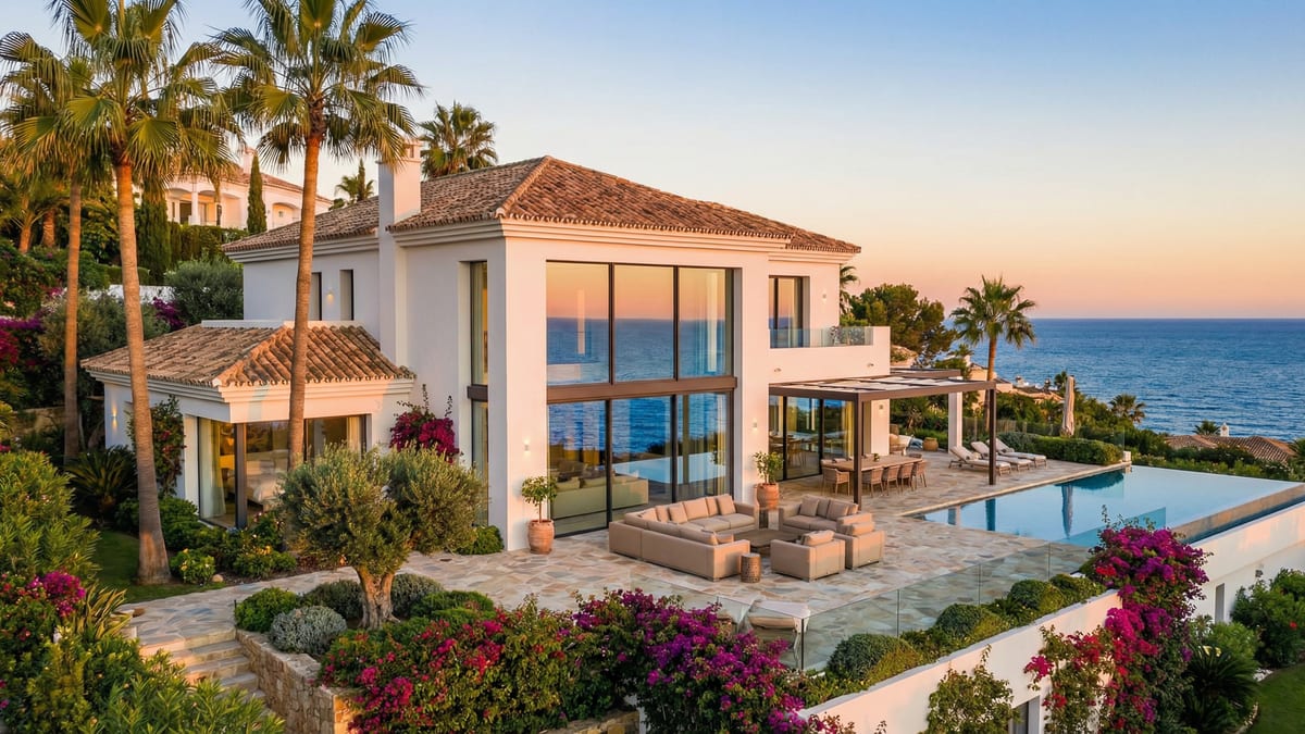 A stunning coastal villa in Costa del Sol, showcasing modern Mediterranean architecture with glass windows and lush gardens at sunset.