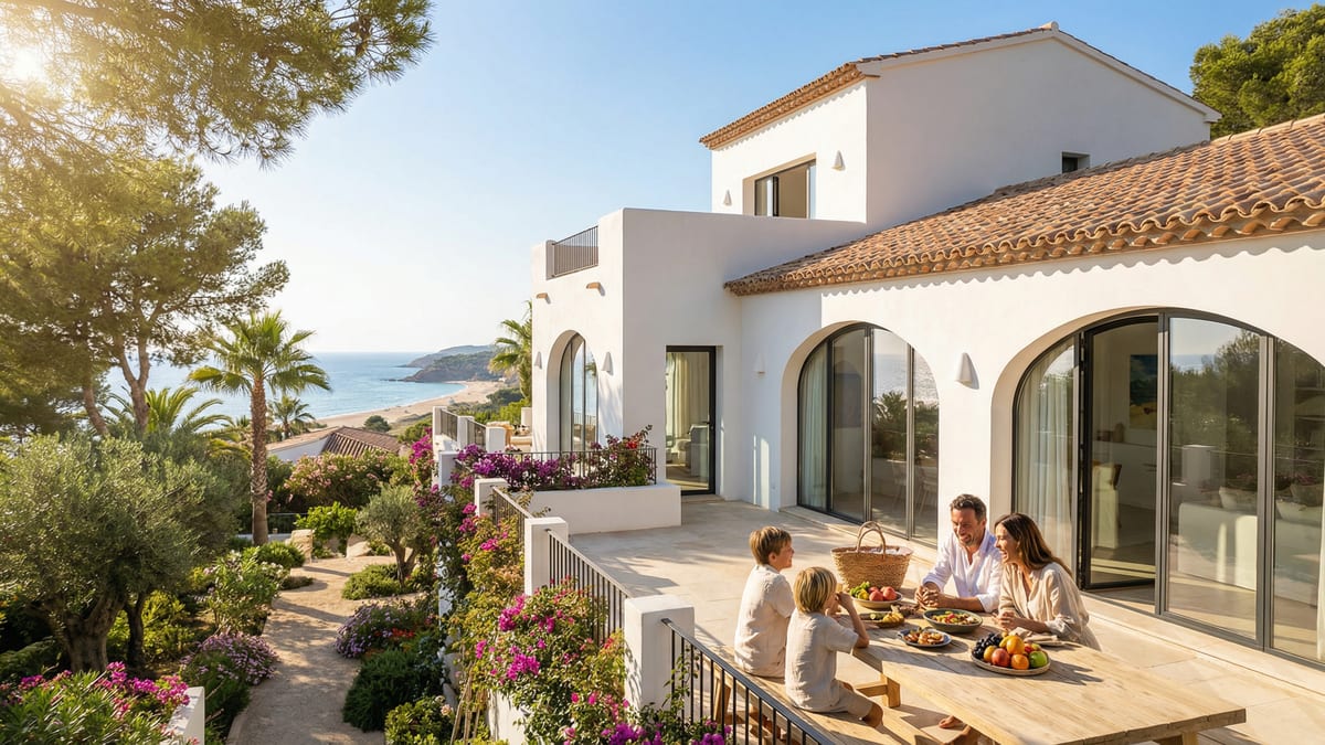 Rodzina cieszy się życiem na Costa del Sol, grając w piłkę na plaży obok nowoczesnej willi w stylu śródziemnomorskim otoczonej zielenią.
