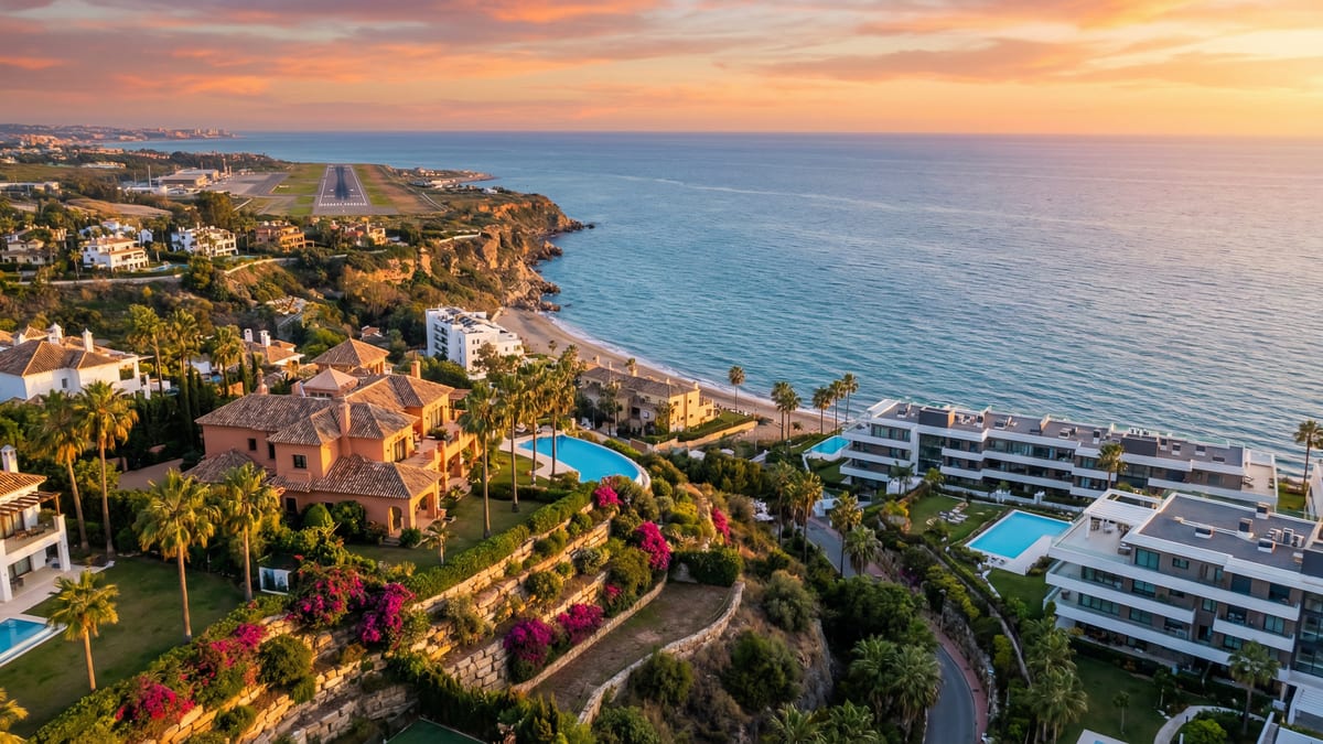 Fascinerande flygbild av Costa del Sol med lyxiga villor och moderna lägenheter vid Medelhavet, omgiven av palmer och trädgårdar.