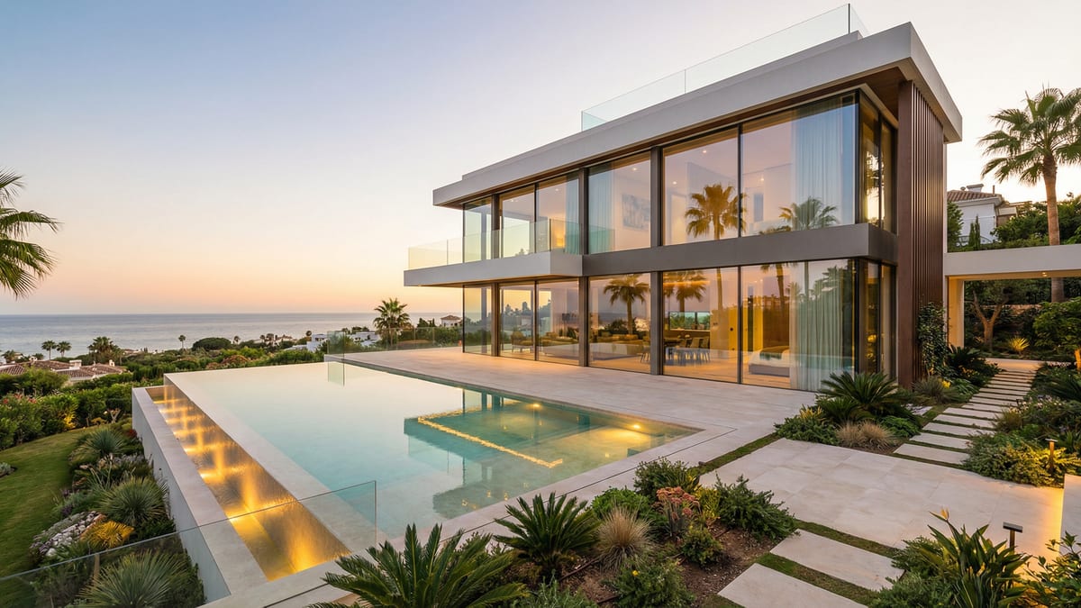 En modern lyxvilla i Marbella, Costa del Sol, med glasfönster som speglar himlen och omgivande palmer, med Medelhavet i bakgrunden.