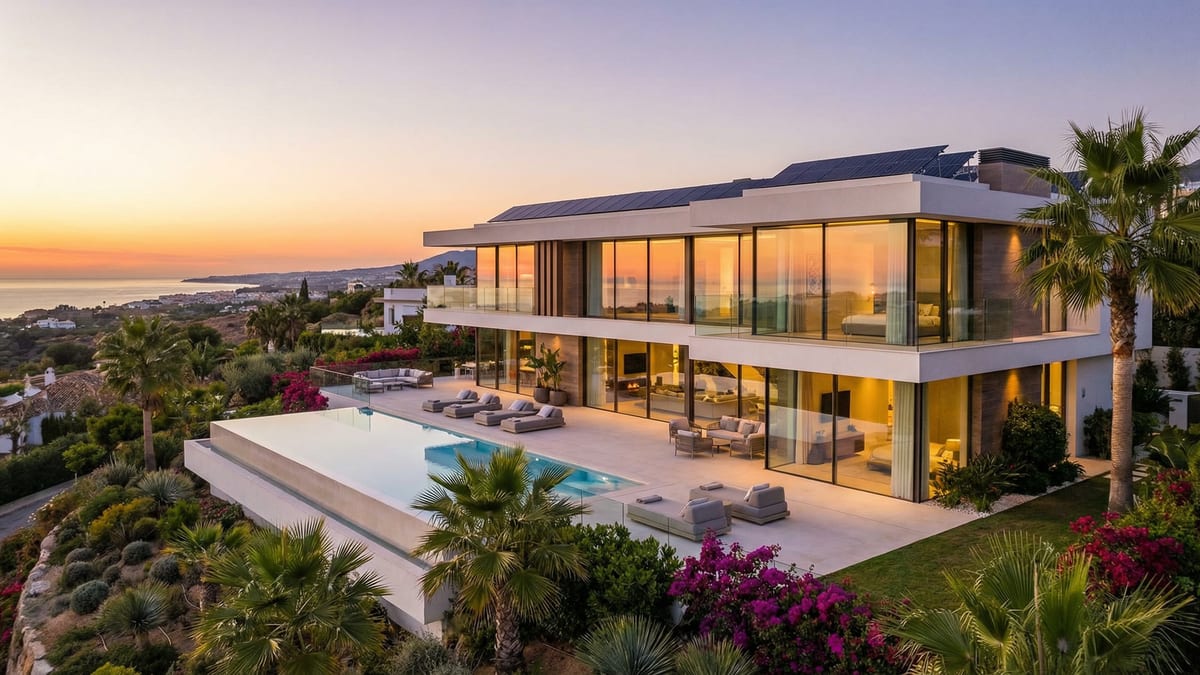 Contemporary off-plan property in Costa del Sol with sleek design, large windows, and views of the Mediterranean coastline at sunset.