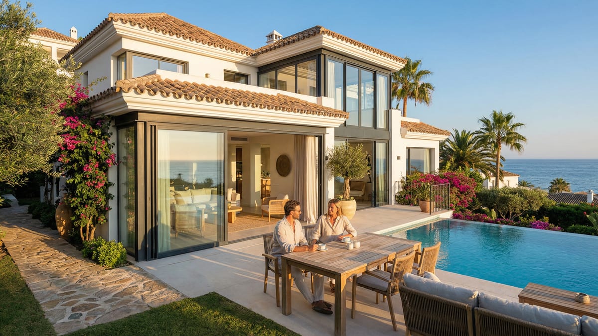 Kaunis rannikkovilla Puerto Banúsissa, Costa del Solissa, yhdistää Välimerellisen arkkitehtuurin ja modernit elementit, auringonvalossa loistavat yksityiskohdat.