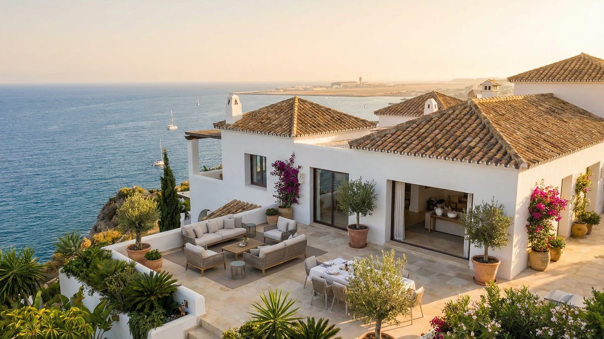 Upea rannikkovilla Välimeren äärellä Costa del Solissa, valkoiset seinät, terrakottakatto, moderni terassi ja kaukaiset näkymät Malagan lentokentälle.